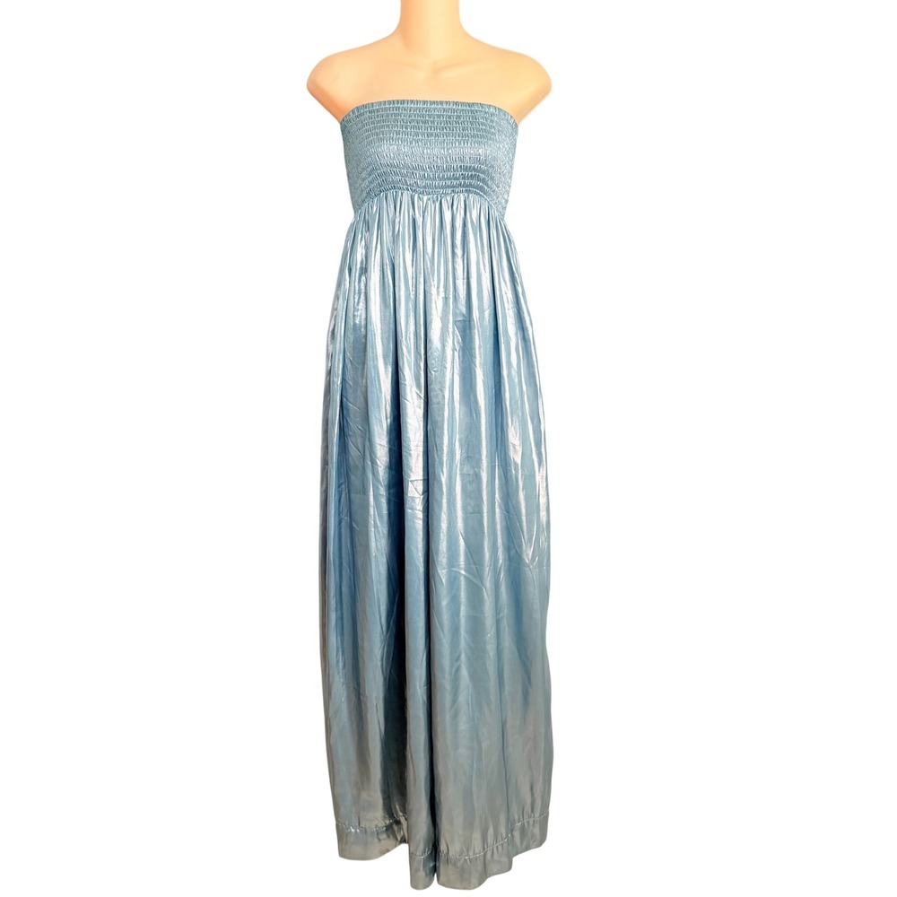 NEW Free People Blue Metallic Strapless Smocked Wide Leg Jumpsuit XS